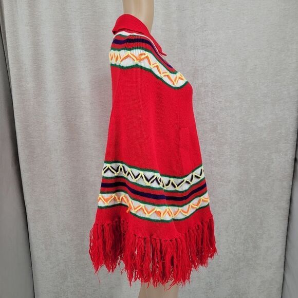Vintage 70s Red Southwestern Knit Button Down Poncho Hippie Red - Picture 4 of 12